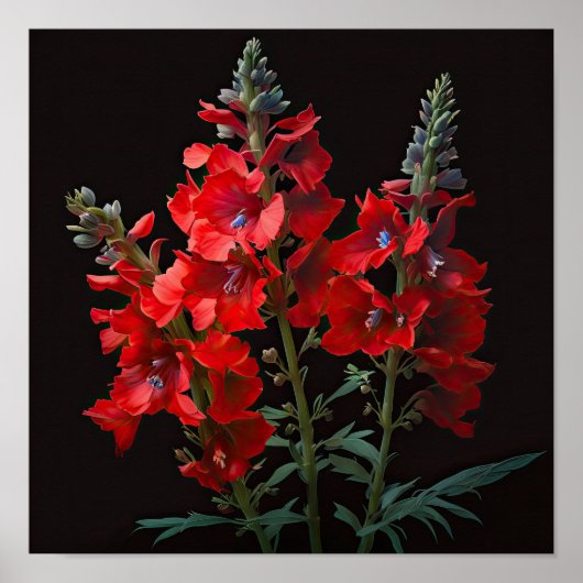 Rode Delphinium Bloemkunst Print Poster (Voorkant)