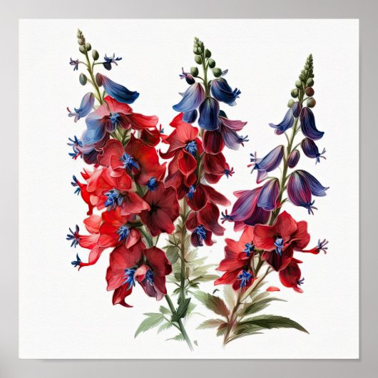 Rode Delphinium Bloemkunst Print Poster (Voorkant)