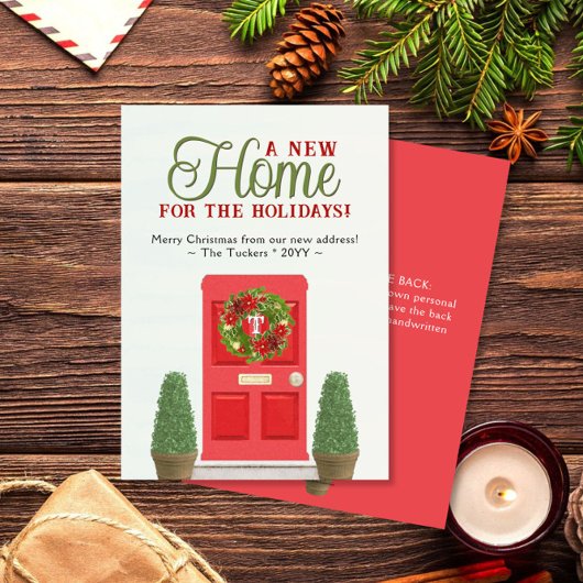 Rode deur en Topiaries Waterverf kerstbeweging Feestdagenkaart