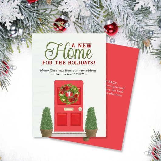 Rode deur en Topiaries Waterverf kerstbeweging Feestdagenkaart