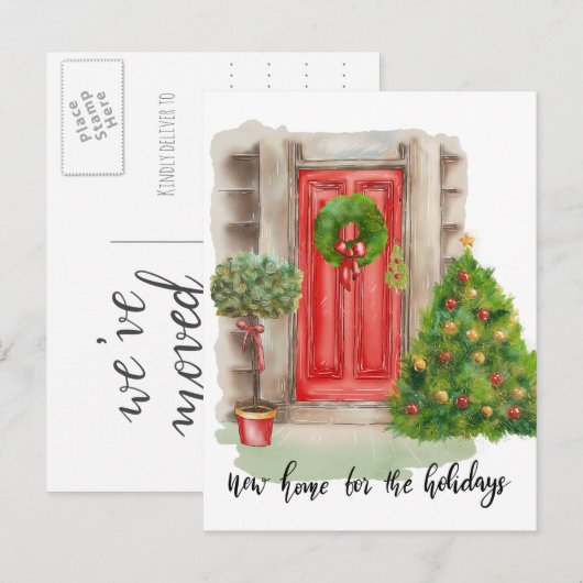 Rode deur kerst | Een nieuw thuis voor de Feestdag Aankondigingskaart (Voorkant / Achterkant)