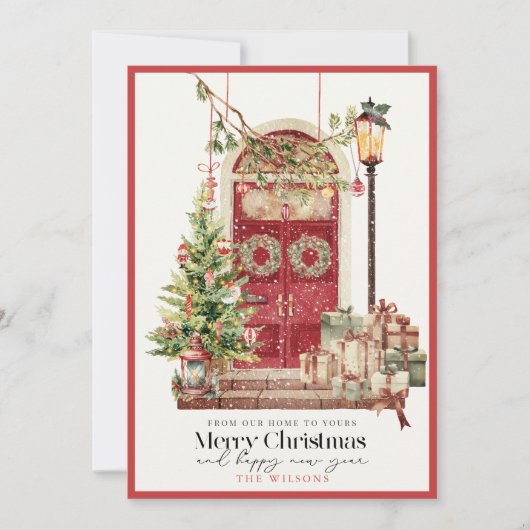 Rode Deur Ons Huis aan Uw Kerstmis Feestdagenkaart (Voorkant)