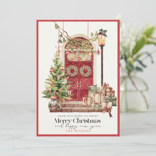Rode Deur Ons Huis aan Uw Kerstmis Feestdagenkaart (Staand voorkant)