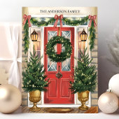 Rode Deur Vakantie Krans Familie Kerstmis Kaart