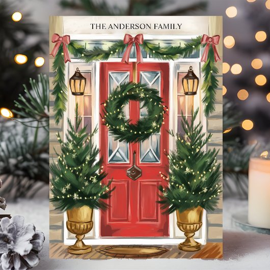Rode Deur Vakantie Krans Familie Kerstmis Kaart
