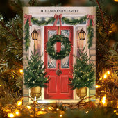 Rode Deur Vakantie Krans Familie Kerstmis Kaart