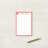 Rode diamant & monogram op witte gelinieerde post-it® notes (Op bureau)