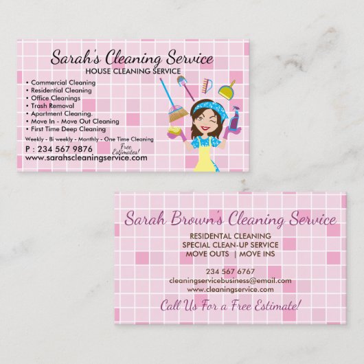 Rode Dienst Dienst Vrouwelijke Schoonmaakservice H Visitekaartje (Voorkant / Achterkant)