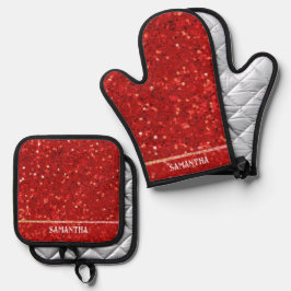 Rode Digitale Glitters & Glinsterende Effecten Ovenwant & Pannenlap Set