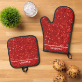 Rode Digitale Glitters & Glinsterende Effecten Ovenwant & Pannenlap Set (Top down)