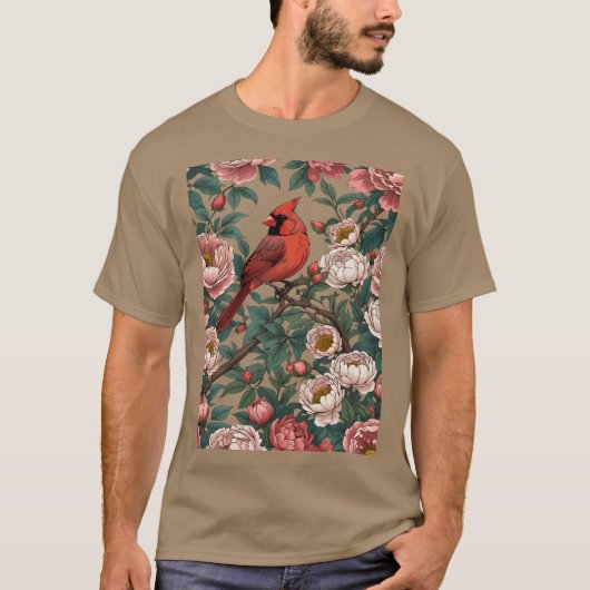 Rode dinal vogel en pioenbloemen t-shirt (Voorkant)