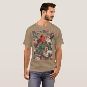 Rode dinal vogel en pioenbloemen t-shirt (Voorkant volledig)