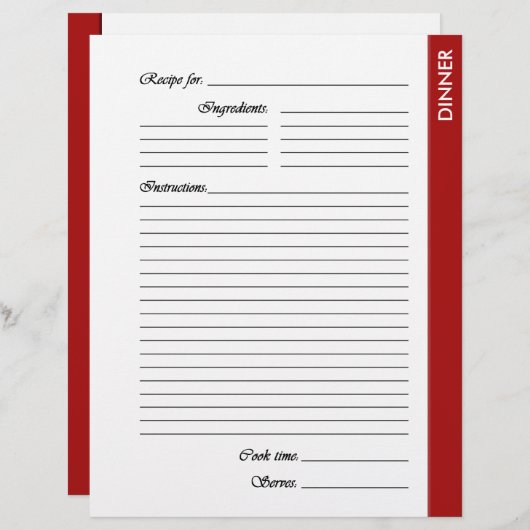 Rode DINNER 2-zijdige Recipe Pages (Voorkant / Achterkant)