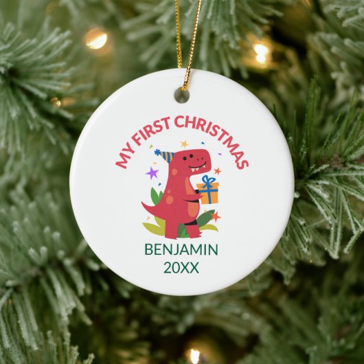 Rode Dinosaurus Eerste Kerstdag Keramisch Ornament (Boom)
