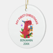 Rode Dinosaurus Eerste Kerstdag Keramisch Ornament (Links)