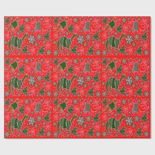 Rode Dinosaurus Kerstmis Cadeaupapier (Vlak)