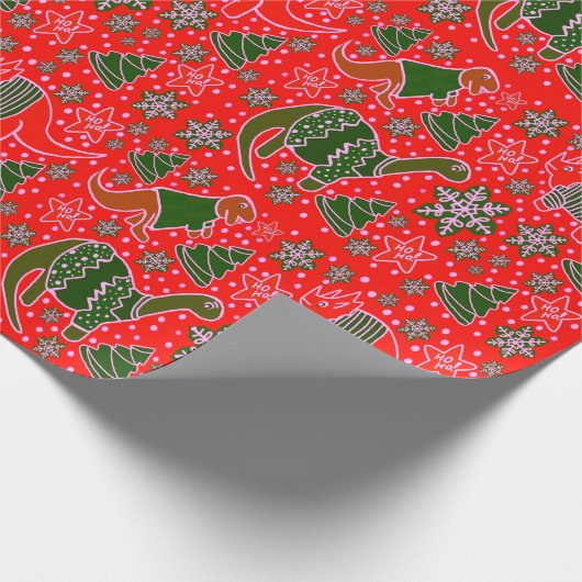 Rode Dinosaurus Kerstmis Cadeaupapier (Hoek)