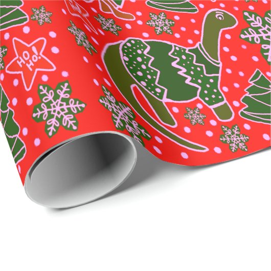 Rode Dinosaurus Kerstmis Cadeaupapier (Rol Hoek)