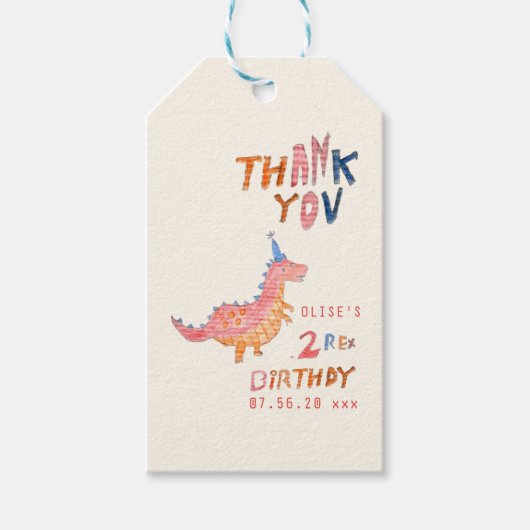 Rode dinosaurus twee rex 2de verjaardagsfeestje cadeaulabel (Voorkant)