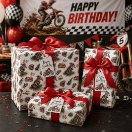 Rode Dirt Bike Motocross Patroon Verjaardag voor J Cadeaupapier