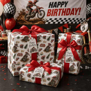 Rode Dirt Bike Motocross Patroon Verjaardag voor J Cadeaupapier