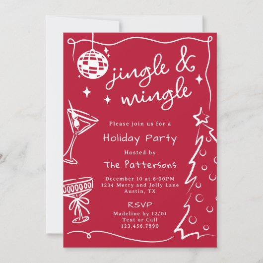 Rode Disco Martini Jingle & Mingle Kerstfeest Kaart (Voorkant)