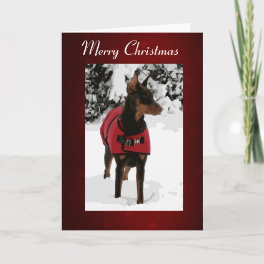 Rode Doberman in de Kerstkaart van de Sneeuw (Lint Feestdagen Kaart (Voorkant)