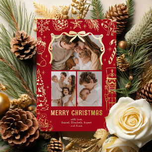 Rode Doodle 3 Foto Kerst Goud Folie Feestdagenkaart