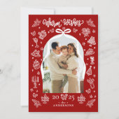 Rode Doodle Boog Foto "Warm Wishes" Kerstmis Feestdagenkaart (Voorkant)