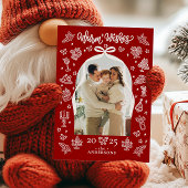 Rode Doodle Boog Foto "Warm Wishes" Kerstmis Feestdagenkaart