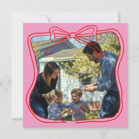 Rode Doodle Boog Frame Roze Aangepaste Foto Feestdagenkaart (Voorkant)