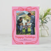 Rode Doodle Boog Frame Roze Aangepaste Foto Feestdagenkaart (Staand voorkant)