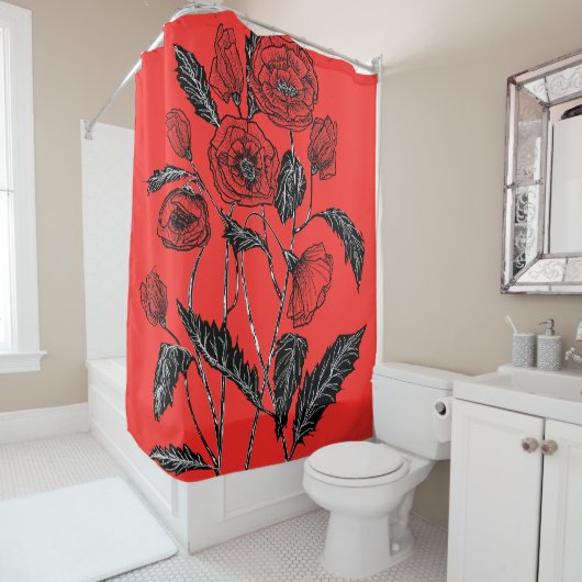 Rode Douchegordijn met Poppies Kies Kleuren (In situ)