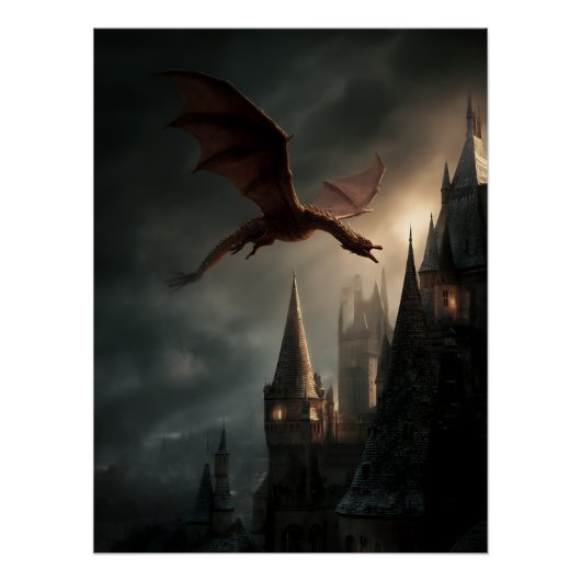 Rode Draak Boven Gotisch Kasteel Perfect Poster (Voorkant)