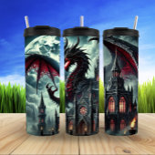 Rode draak cirkelend gotisch kasteel thermosbeker