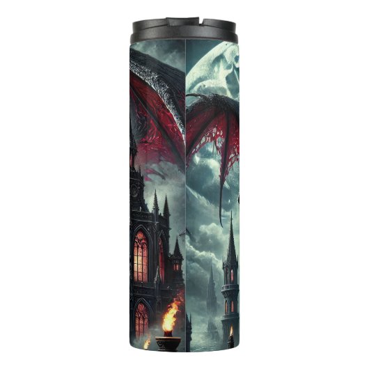 Rode draak cirkelend gotisch kasteel thermosbeker (Achterkant)