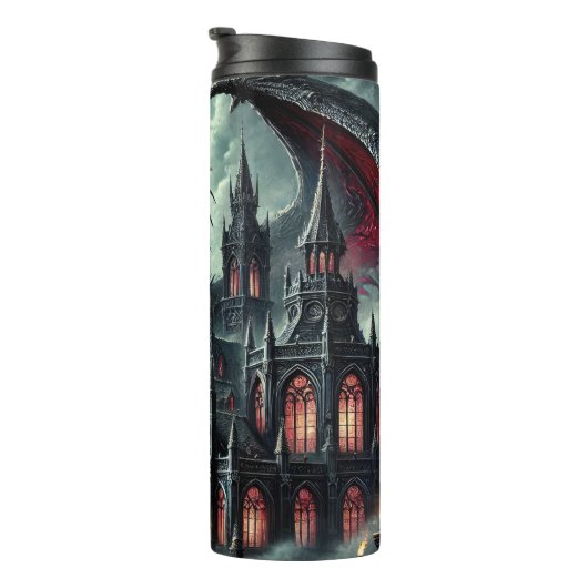 Rode draak cirkelend gotisch kasteel thermosbeker (Geroteerd rechts)