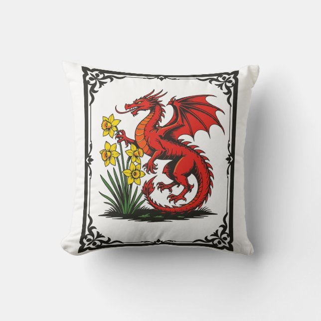 Rode Draak en Narcissen Met Sierrand Kussen (Voorkant)