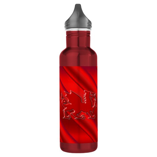 Rode draak in reliëf op rood chroomeffect waterfles  (Links)