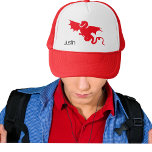 Rode draak naam jongen trucker pet<br><div class="desc">Een rode draak icoon op een witte achtergrond. Pas een naam,  zwart gekleurde rustieke,  comics stijl lettertypen / letters toe en voeg deze toe</div>