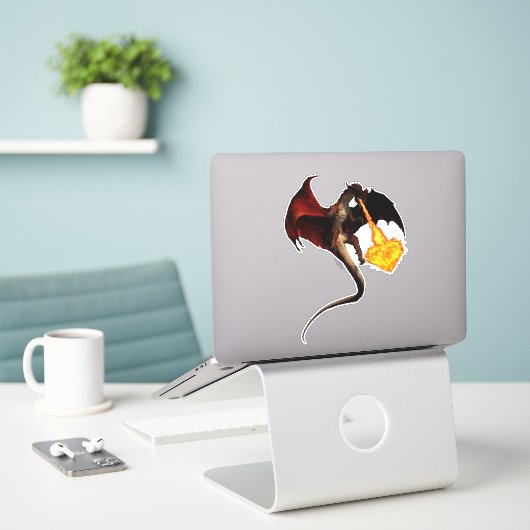 Rode Draak Vuur Ademend Hart Sticker (Laptop op bureau)
