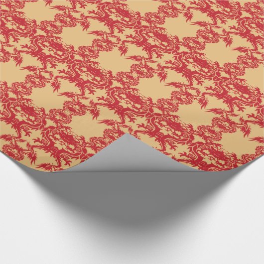 Rode dragons op gouden achtergrondpapier cadeaupapier (Hoek)