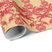 Rode dragons op gouden achtergrondpapier cadeaupapier (Rol Hoek)