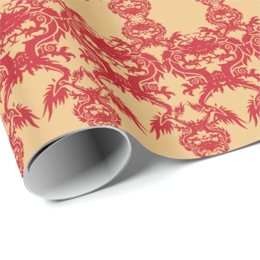 Rode dragons op gouden achtergrondpapier cadeaupapier (Rol Hoek)