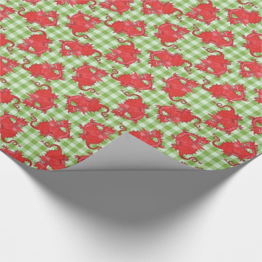 Rode Draken op Groene Gingham Wrapping Papier (Hoek)