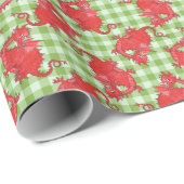 Rode Draken op Groene Gingham Wrapping Papier (Rol Hoek)