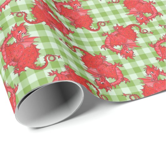 Rode Draken op Groene Gingham Wrapping Papier (Rol Hoek)