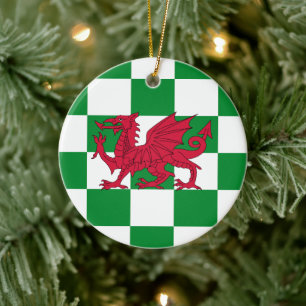 Rode Drakenvlag: Groene Geruite Keltische Wales Keramisch Ornament