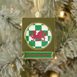Rode Drakenvlag: Groene Geruite Keltische Wales Verguld Banner Ornament