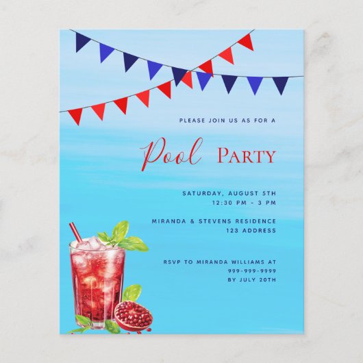 Rode drank blauwe water budget zwembadfeest uitnod (Voorkant)